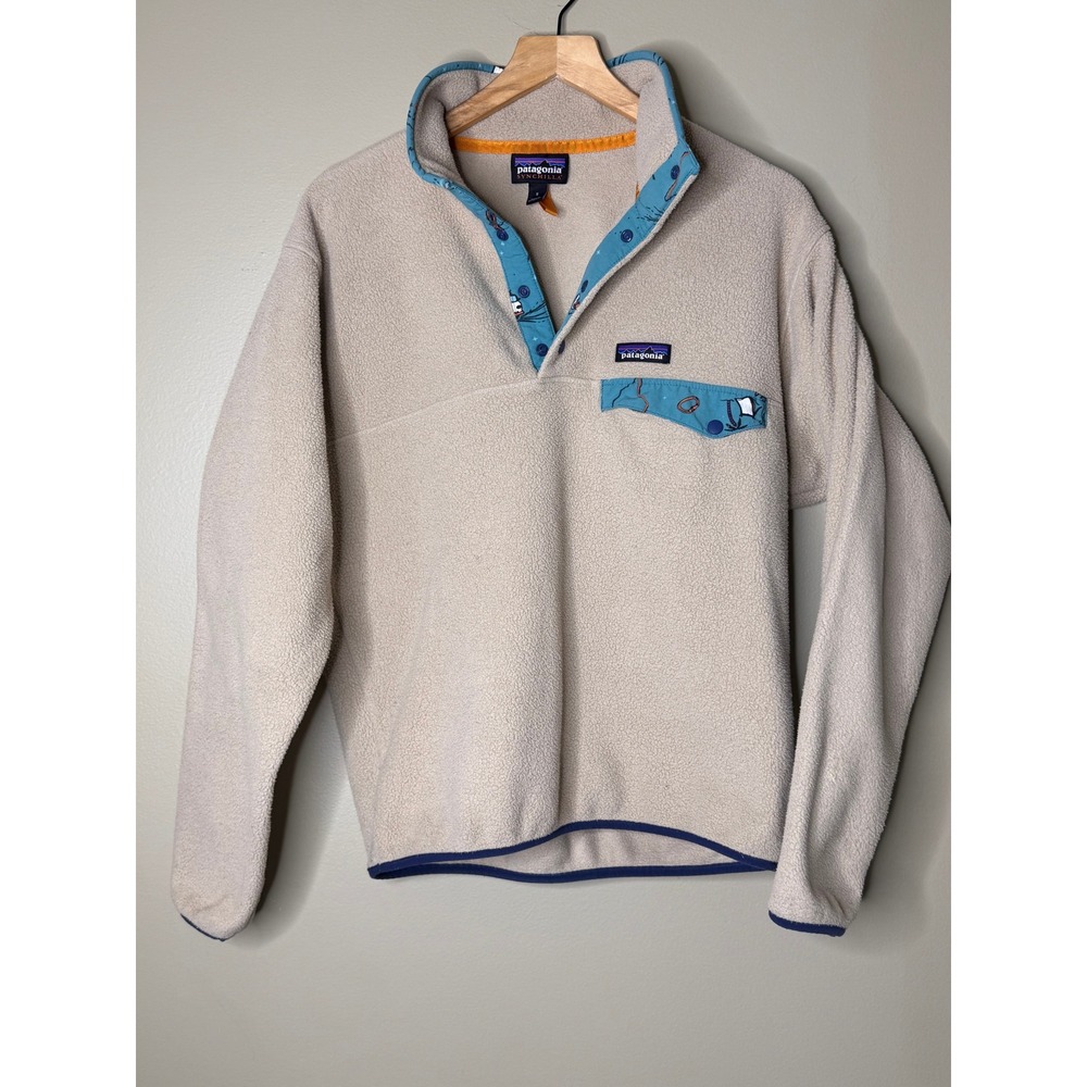 Patagonia Mens Synchilla Snap-T Fleece Pullover Oatmeal Teal Blue Small
